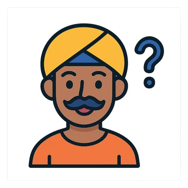smiling, curious Indian young man with a moustache, flat color icon style sticker