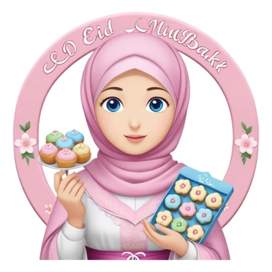 Turkish beautiful finish Konya girl blue eyes with pastel sakura hijab islamic dress and had on her hand text Eid Mubarak with sweets and celebrating with her friends eid days   sticker