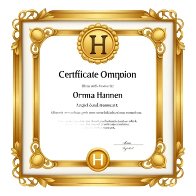 certificate with the letter H inside, bold font sticker