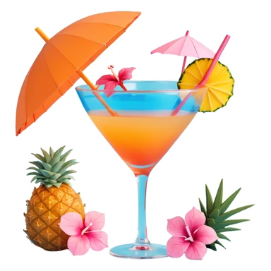 blue tropical cocktail with hibiscus, pineapple, and tiny pastel paper umbrella garnishes sticker