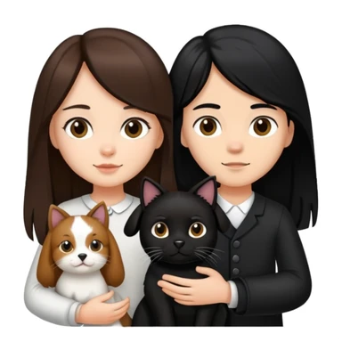 A girl with long brown hair holding the hand of a boy with black hair, both dressed in black, holding a cat and dog sticker