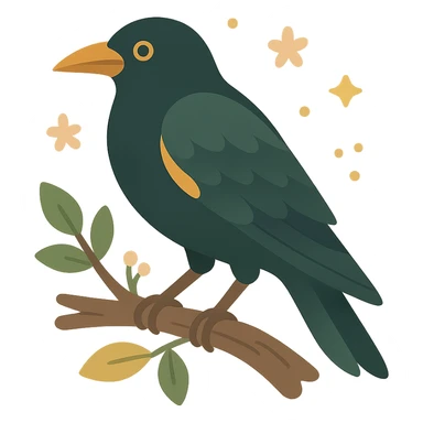 A mysterious crow perched on a branch, surrounded by a soft, magical atmosphere. The crow’s feathers are deep, dark hues with hints of golden orange (FA9B41), forest green (4A7C5C), muted taupe brown (96775A), and pastel peach (FFCC9A) subtly blending into its plumage. The branch is weathered and textured, with small leaves in green and peach tones, and delicate flowers or tiny sparks floating around. The lighting is soft and ambient, casting a warm, mystical glow over the scene, creating a quiet yet enchanting atmosphere. The crow’s sharp eyes and poised posture add to the mysterious, slightly gothic vibe of the moment sticker