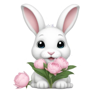cute white bunny holding light pink peonies sticker