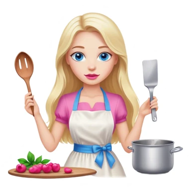 Cinematic realistic beautiful blonde with long hair, blue eyes and pink lips in a white dress cooks sticker