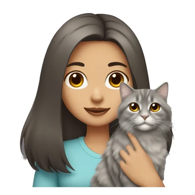 Dark brown straight hair girl holding fluffy Siberian gray cat  sticker