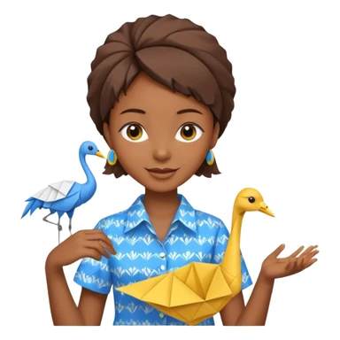 happy-african-young-girl-with-brown-african-hair-in-a-white-colorful-vintage-kanga-shirt-holds-an-origami-yellow-and-blue-crane sticker