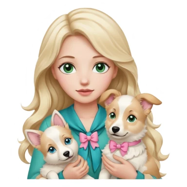 A white Long Wave blonde Hair Woman with blue-green eyes, with a Brown eyed White Shepard  in the arm ,the dog has a little bit beige in then end of the ears and a pink bow in neck . sticker