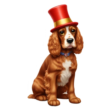 red cocker spaniel full length, wearing a New Year's cap sticker