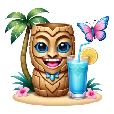 Pixar style little Blue and pink tiki singing with a butterfly and tropical drink, ultra detailed and lifelike imagery, realistic sticker