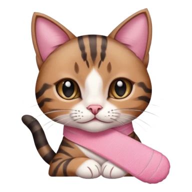 a young female brown and black tabby cat, with a pink bandage on her front paw, sticker