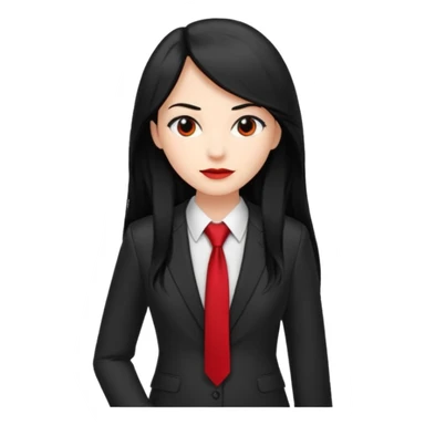 female boss in suit, long black hair, red tie sticker