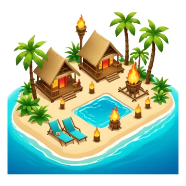 glowing tropical beach resort in airbnb style isometric sticker