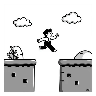 pixel art of a retro side-scrolling video game scene with blocks, platforms, clouds, and a character jumping, 8-bit Game Boy style, Mario world sticker