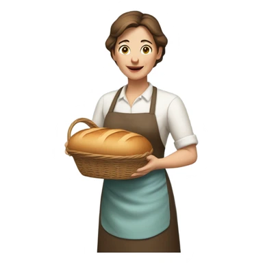 "A middle-aged woman with tired eyes, brown hair tied back, and a warm but worried look. She wears a simple dress with an apron, holding a loaf of bread or basket in a modest kitchen."mother sticker