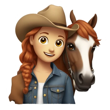 Girl with short red hair, with brown eyes, smiling, wearing a denim jacket and black shirt and brown cowgirl hat, next to her brown horse that has a white spot on her forehead. sticker