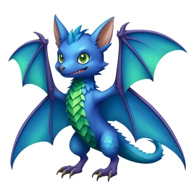Cute cool fantasy animal hybrid bat-Sergal-Digimon-Fakemon full body, green scales, brown eyes, blue feathers sticker