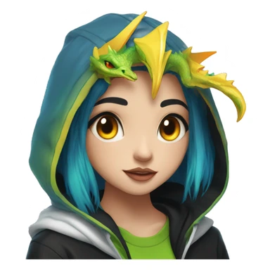 Lady with brunette and iridescent blue hair, gold, lime green dragon wings, black hoodie, bleach dyed, black and gold Nike t shirt, and bright red eyes sticker