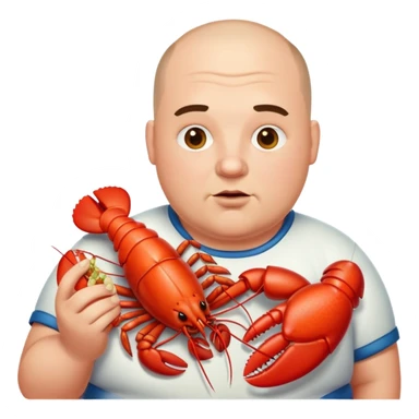 a bit fat man with a buzz cut eating a lobster sticker