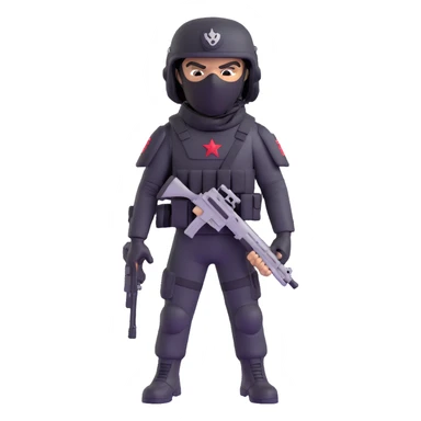 armed figure in all-black military clothing, shiesty mask, and helmet sticker