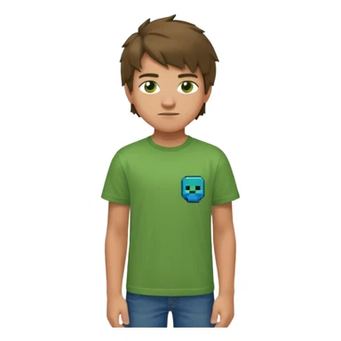A 14 yerar old teenage boy, slightly tanned, wearing a green minecrcaft tshirt, blue jeans and green sneakers with brown tousled hair, smirking sticker