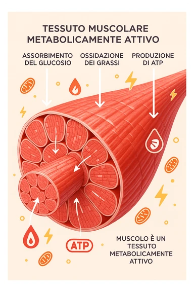 a highly detailed cross-section of human skeletal muscle fibers, shown in vibrant red and pink tones, with visible striations and realistic texture. Glowing arrows and animated icons represent active metabolic processes—such as glucose uptake, fat oxidation, and ATP production—occurring within the muscle tissue. Surrounding the muscle, floating symbols for mitochondria and energy highlight its metabolic activity. The background is clean and clinical, with subtle labels and infographics explaining that muscle is a metabolically active tissue. The overall style is modern, scientific, and visually engaging, suitable for educational or medical use. in italiano sticker