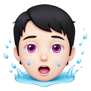 Boy with black hair, pink eyes rolled back, mouth open , water dripping from chin sticker