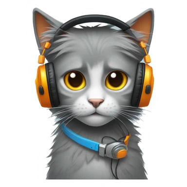 a grey anthropomorphic cat with one blue eye and one orange eye with messy black emo hair wearing yellow headphones sticker
