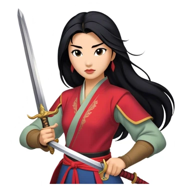 Cinematic Realistic Mulan Portrait, depicted with lifelike skin texture, soft natural lighting, and intricately detailed long black hair styled elegantly. Her deep, expressive eyes exude determination and grace, complemented by a serene yet confident expression. She stands with one hand resting on the hilt of her sword, the other by her side, exuding strength and poise. She is dressed in her classic attire, with rich fabric textures and delicate folds that catch the light beautifully. The portrait features a soft, enchanting glow with a natural, radiant finish, capturing the essence of timeless strength and beauty in a realistic and painterly style, evoking a sense of depth and authenticity. sticker