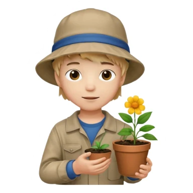 young boy wearing bucket hat, holding a flower pot sticker