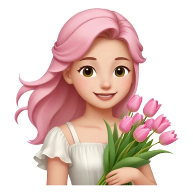  A girl Squint your eyes and smile with a half-up half-down hairstyle, and a white dress, enjoying the spring breeze.Holding a bundle of pink tulips sticker