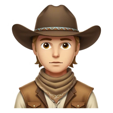 Clash of Clans aesthetic friendly Cowboy Portrait Emoji, With a rugged yet stylized build wearing a classic wide-brimmed hat and bandana, his face rendered in a natural skin tone (not yellow), determined eyes and a steely gaze, Simplified yet dynamic features, highly detailed, glowing with a warm, sunlit frontier radiance, high shine, brave and spirited, stylized with an air of Wild West heroism, focused and ready, soft glowing outline, capturing the essence of a fearless cowboy adventurer ready to ride into epic quests! sticker