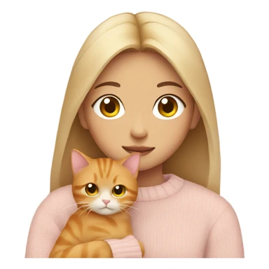 asian girl wearing a pale pink sweater  holding a ginger cat sticker