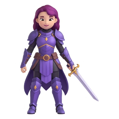 mysterious warrior girl with flowing purple hair, dressed in black armor, smiling gently, emoji style sticker