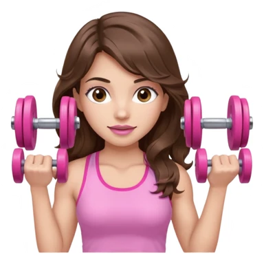 girl with wavy long brown hair, brown eyes, light to medium complexion, long lashes, light pink lipstick, wearing light pink shirt, lifting a pink dumbbells in a sports top sticker