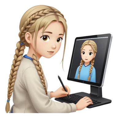 girl with dark blonde hair two braids is drawing on a graphics tablet while watching anime on a second monitor sticker