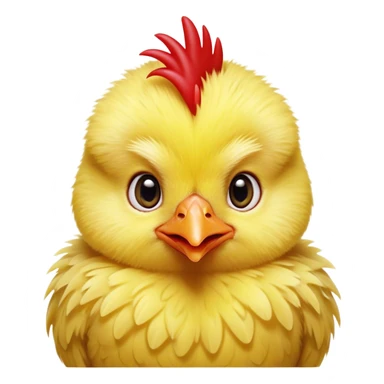 Cinematic Cute Yellow Baby Chicken Portrait Emoji, Head tilted playfully and inquisitively, featuring a fluffy, vibrant yellow downy coat with a tiny red comb, round, sparkling beady eyes filled with curiosity, Simplified yet irresistibly adorable features, highly detailed, glowing with a warm, friendly glow, high shine, affectionate and lively, stylized with a touch of playful whimsy, bright and endearing, soft glowing outline, capturing the essence of a mischievous yet loving chick, so playful it feels like it could peep out of the screen and into your arms! sticker