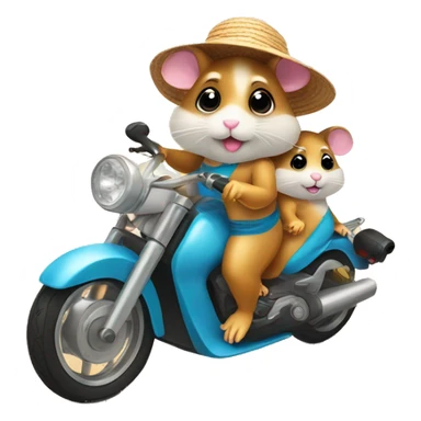 Two hamsters wearing swimwear and sun hat driving by motorbike on the beach sticker