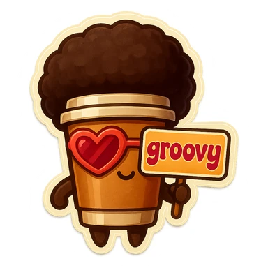 Tall coffee cup, no mouth, afro, heart glasses, holding sign "groovy" sticker