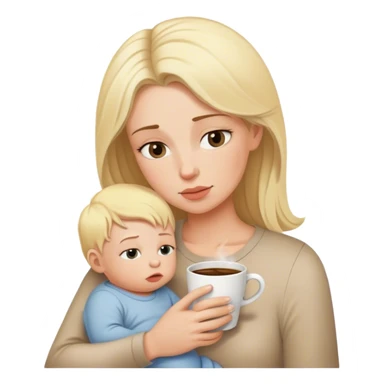 Tired mom drinking coffee holding blonde baby boy sticker