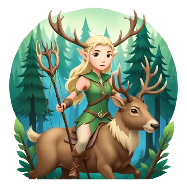 clash-of-clans-aesthetic-blond-elf-archer-portrait-emoji, rendered in a flat, vector-style with minimal shading and bold, simplified shapes, head tilted slightly forward with a determined, focused expression, riding a majestic stag whose luminous antlers glow with mystical energy, set against an ancient, enchanted forest backdrop. sticker
