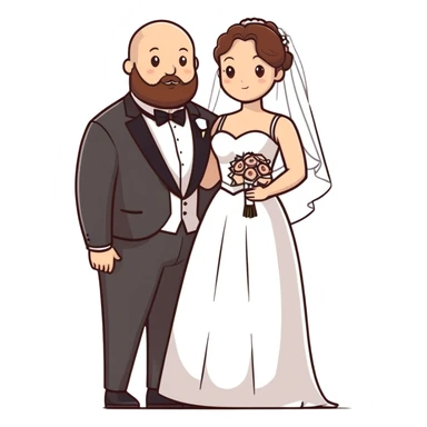 blue-eyed overweight bald man with a beard in a tux and brunette brown-eyed bride sticker