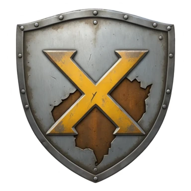 a battle worn steel shield with engraved text "XXX" (Three Xs), the text should be prominent and in the center of the shield sticker