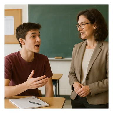 a student speaking to a teacher in a classroom setting, showing the act of verbalizing or expressing thoughts sticker