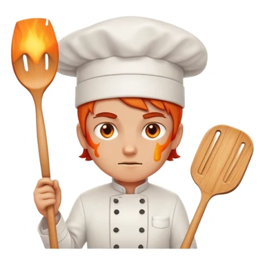 determined chef with fiery eyes, holding spatula sticker