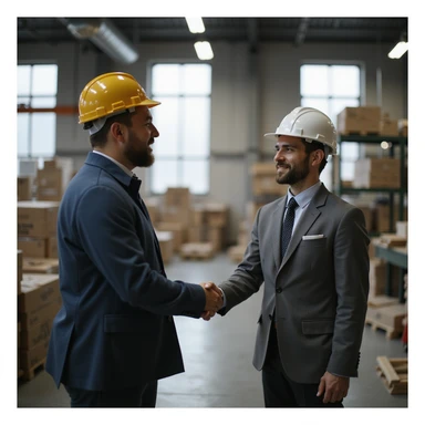 office worker shaking hands with factory worker, realistic style, business setting sticker