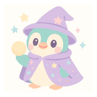 a chubby penguin in wizard attire, with a starry cloak and a glowing orb, looking wise and mystical sticker