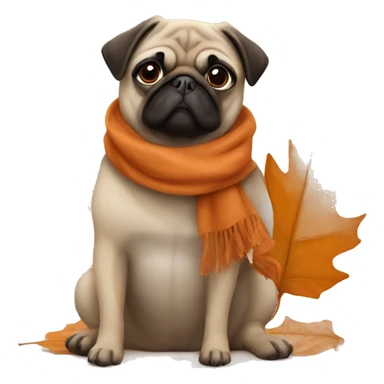 pug sitting in orange leaves and wearing a brown scarf sticker