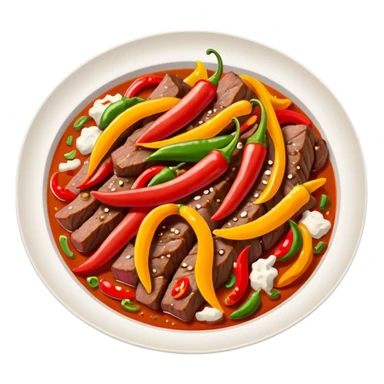 cooked meat saute object icon, beef strips with peppers, 3D cartoon, mobile game icon style, clean background, no text, no watermark
 sticker