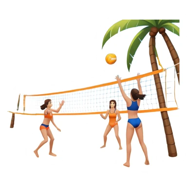 A volleyball resting on the orange sand of a beach, with a volleyball net in the background. The scene includes a beautiful beach landscape with blue sea, sky, and palm trees, while a couple of women in swimsuits play in the distance, capturing the relaxed yet competitive vibe of beach volleyball. sticker