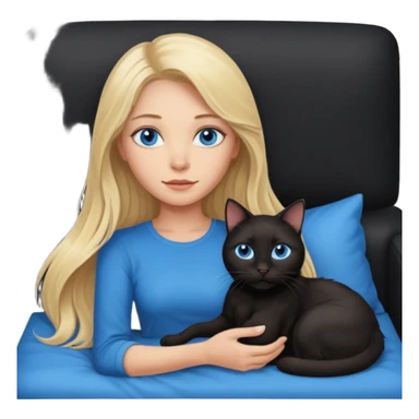 Blonde long hair female with blue eyes and hair she’s about 45 yrs old and she’s laying on a black couch bed with a black cat  sticker